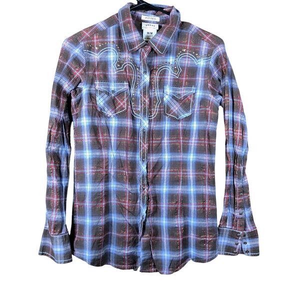 Ariat Womens Shirt Multicolored Plaid Fitted Snap Long Sleeve Metallic Blend M - Picture 1 of 12